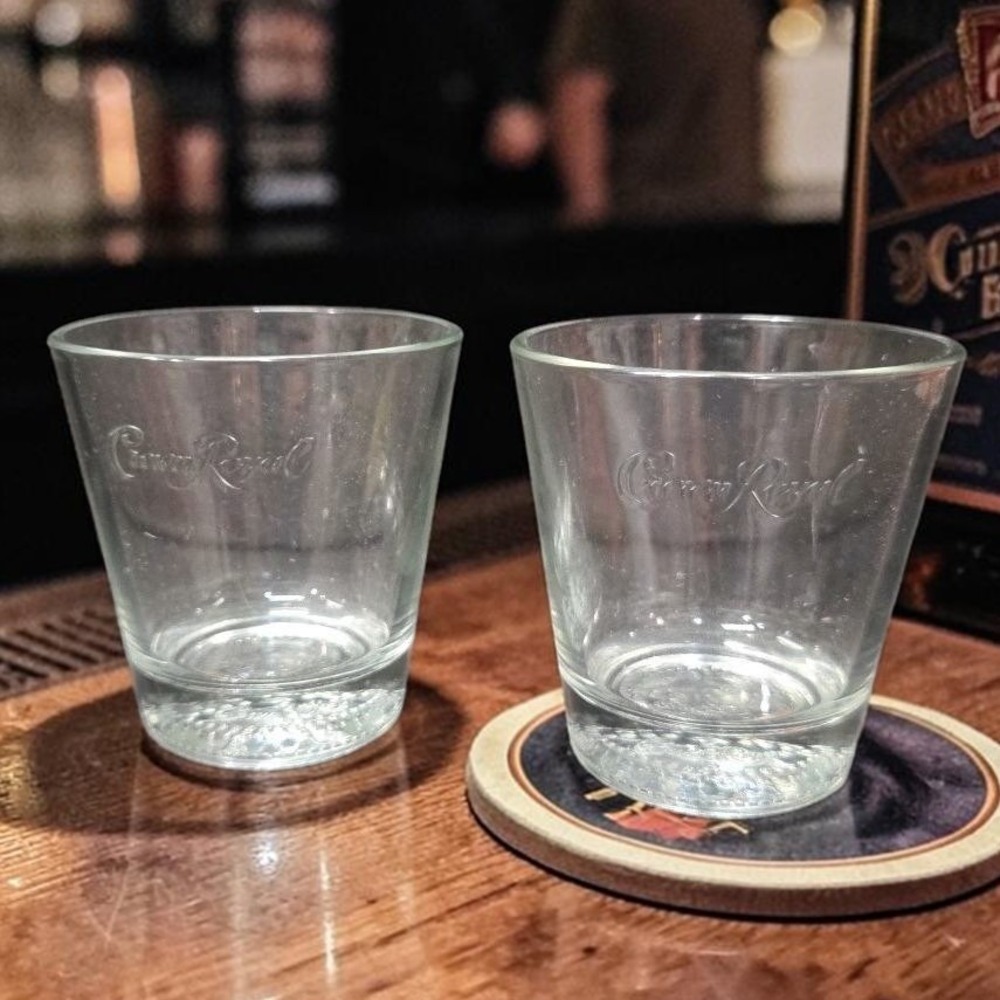 Crown Royal Clear‎ Whiskey Glasses, Set of 2, Vtg Embossed Crown Pattern Barware